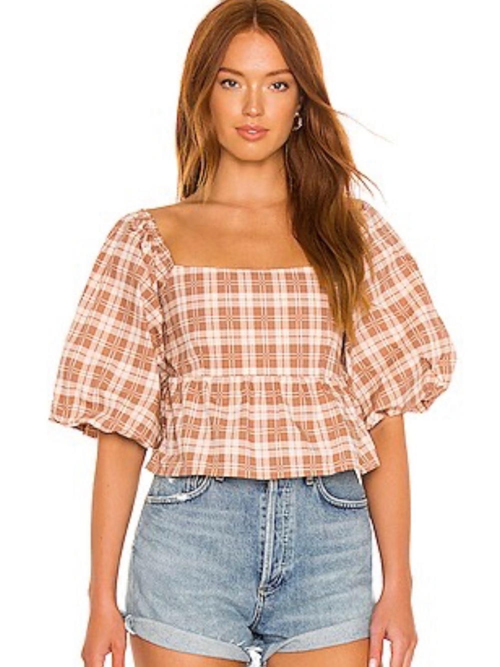 Faithfull the Brand Tan & Cream Plaid Square-Neck Peplum Blouse